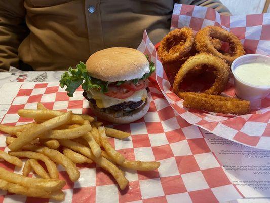 Haley Burger with fries onion rings!