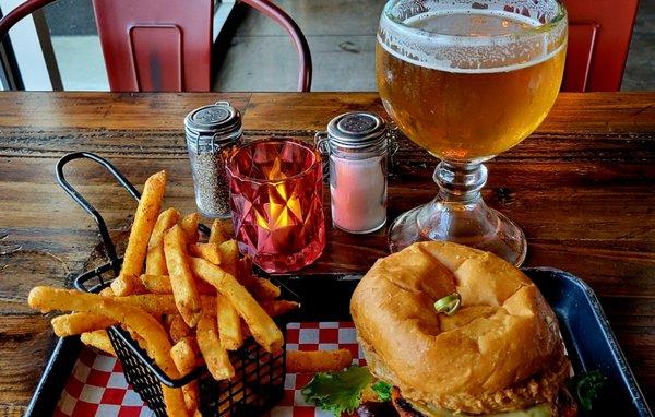 The Barnyard Fowl, French Fries and a Large Dallas Blonde Beer.