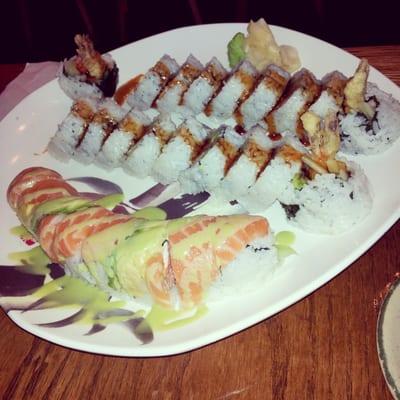 Two Deluxe Shrimp Tempura rolls (right) and i believe the Michigan roll (left)