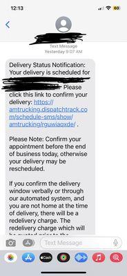 Text message that states White Glove Service includes assembly.