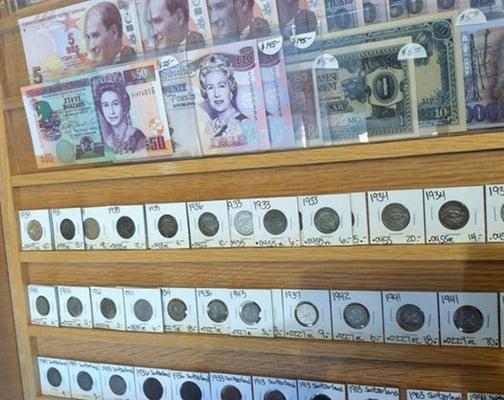 Some coins and currency on display in Vancouver.