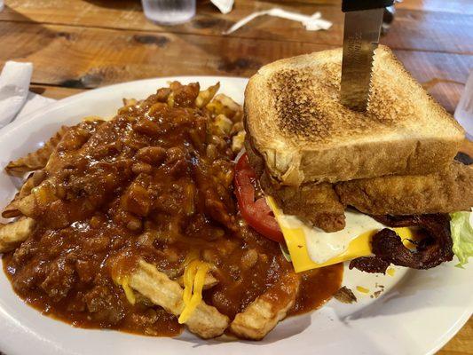 Chicken bacon ranch sandwich & chili cheese fries