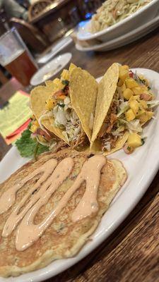 Crunchy Pulled Pork tacos and corn cakes