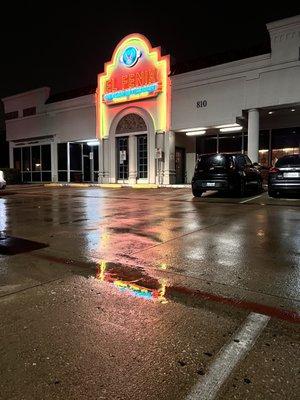 Front entrance on a rainy evening.