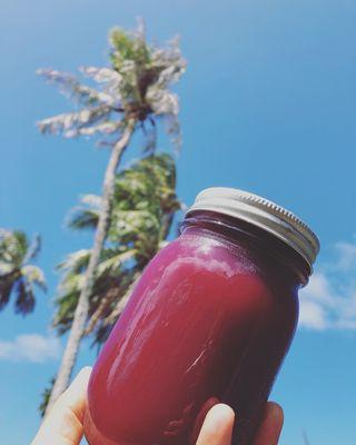 A juice blend of organic beets, apples, oranges, cucumbers & turmeric.