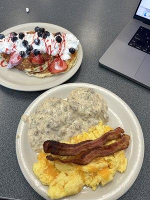 Breakfast sampler and fruit pancakes!