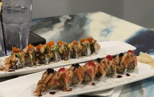 Godzilla Roll (back) and Firecracker Roll (front)