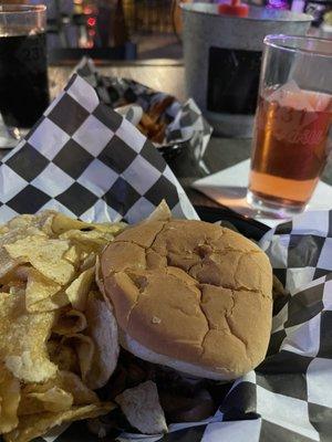 Burger with chips; draft cider