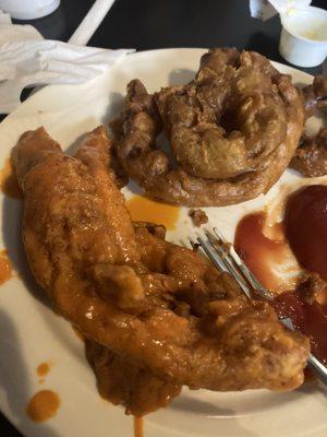 Buffalo chicken strips and onion rings.