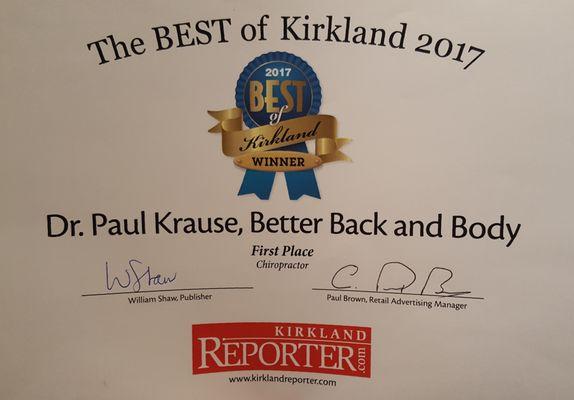 Voted #1 Chiropractor in Kirkland 2017