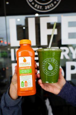 Carrot Zinger Juice and Green Giant Smoothie.