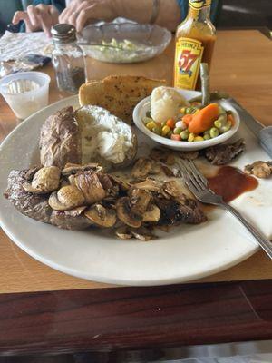 I had steak and mushrooms bake potato, vegetables,salad blue cheese dressing butter sour cream