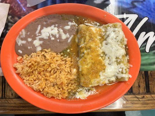 Enchiladas with green and red sauce. Plus rice and beans.