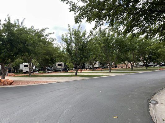 RV spaces are wide, with concrete pads, masonry are shaded, and all's quiet.