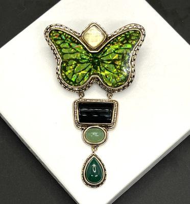 Any Kahn Pendant with Dichroic Glass Butterfly set in brass.