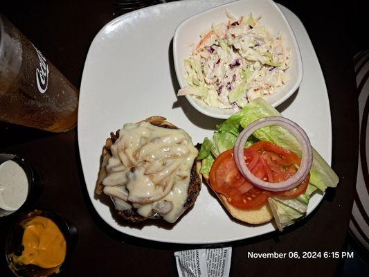 My wife's dish was Swiss and mushroom burger and her side was coleslaw. FYI my wife is a picky eater and she loved her plate.