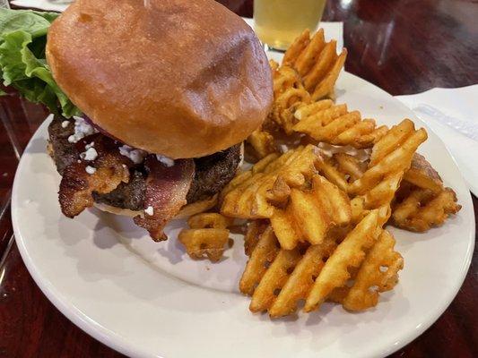 Bacon Blue Cheese Burger with waffle fries. Amazing.