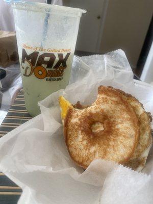 Hot and Fresh  Sausage, Egg & Cheese Grilled Donut Cool and refreshing  Iced matcha green tea