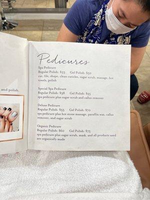 Pedicure options and prices