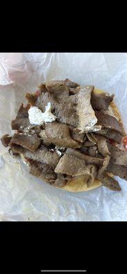 Gyro, piled so high with meat I make lamb fries with half the meat first