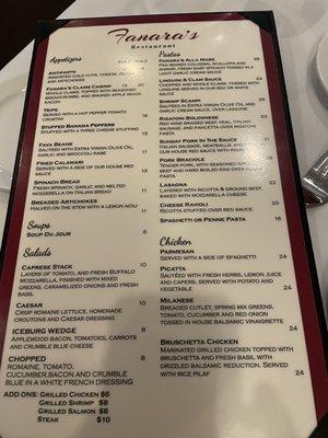 Menu with Italian favorites