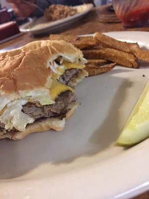 Big juicy burger. Fresh buns! And homemade real cut fries!