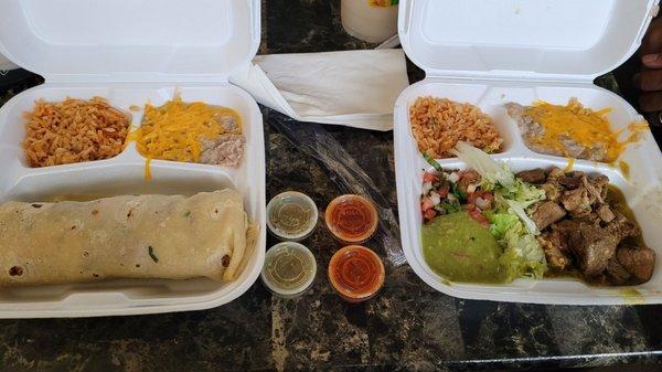 Carnitas Burrito and Chile Verde Plate