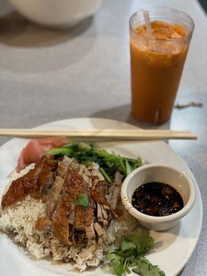 Duck and Rice Plate with a Thai Ice Tea.