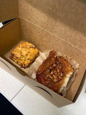 Bacon pimento scone & bourbon pecan sticky bun