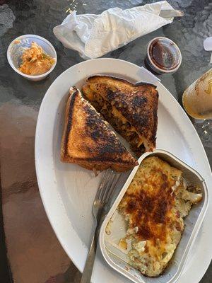 Pulled Pork Grilled Cheese, Potato Casserole Side, Side of Jalapeño Pimento Cheese