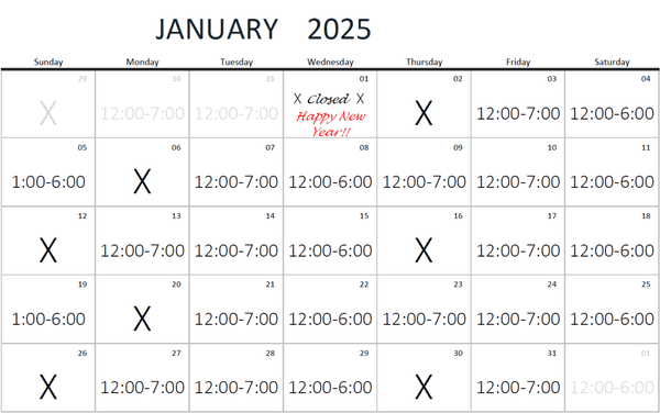 Pinnacle Pro Shop Hours for January, 2025