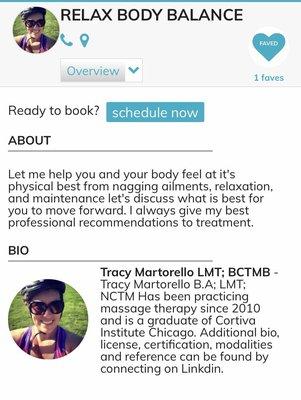 Welcome to Relax Body Balance Looking forward to connecting with new and returning clients.  -Tracy Martorello LMT; BCTMB