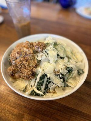 Kale Caesar Salad with Fried Chicken.