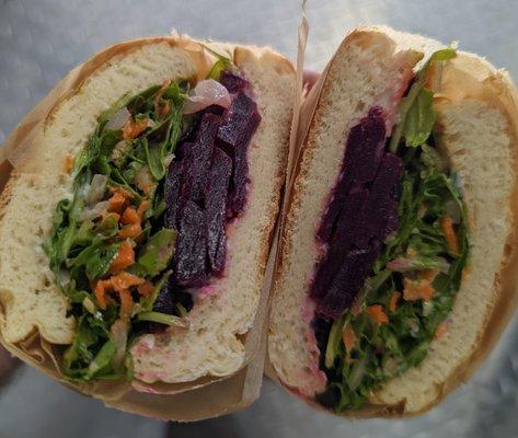 The Roasted Beet Sandwich with tarragon roasted beets, blue cheese spread & arugula slaw (with carrots, walnuts and pickled onions & fennel)