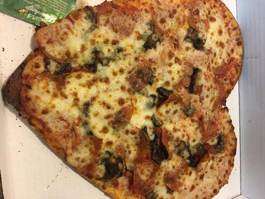 Thank you for ruining Valentine's dinner, Papa John's! Your cold, uncut, burnt, oversauced pizzas went straight in the trash!  Never again!