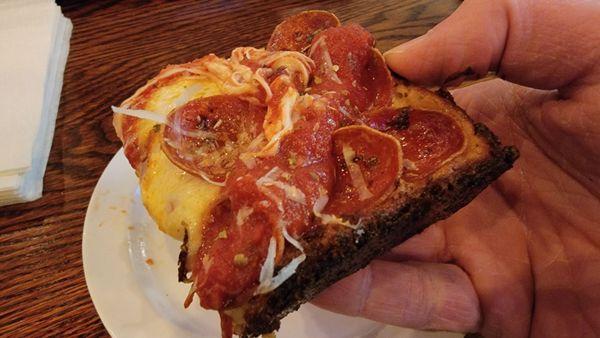 Cheese & Pep (Detroit-style Deep Dish) Pizza: Loved the cheese caramelized on the crust!