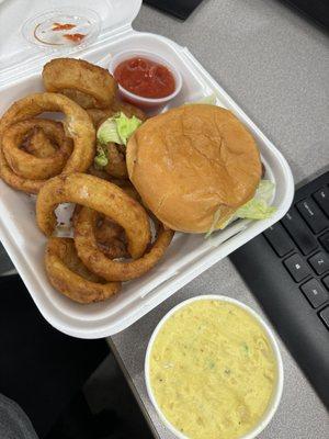 Cheeseburger, onion rings, and potato salad. Delicious!