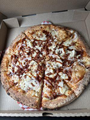 BBQ chicken pizza comes with a side of ranch, my favorite.