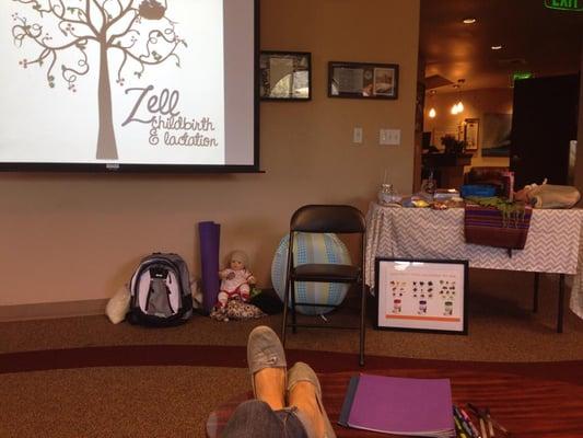 Putting my feet up right before a childbirth class!