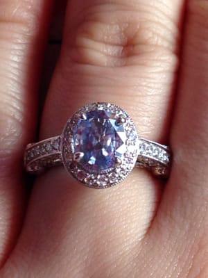 My custom ring  made by Kim's with a sapphire from gemsny. This picture really doesn't do the ring justice.