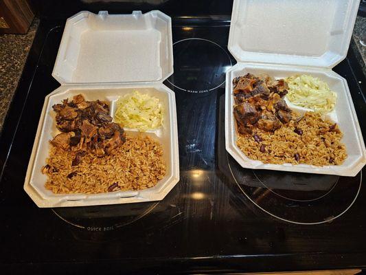 Oxtail with rice and beans with cabbage.