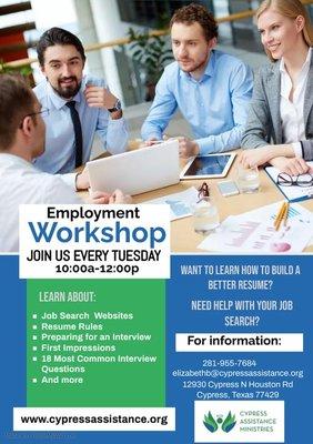 Need help with resumes, job leads, and interview preparation? Employment Workshops held every Tuesday 10AM-12PM. Walk-ins accepted