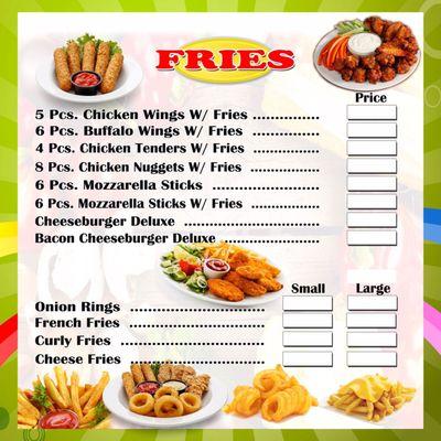 Fries menu , onion rings , mozzarella sticks , hot wings