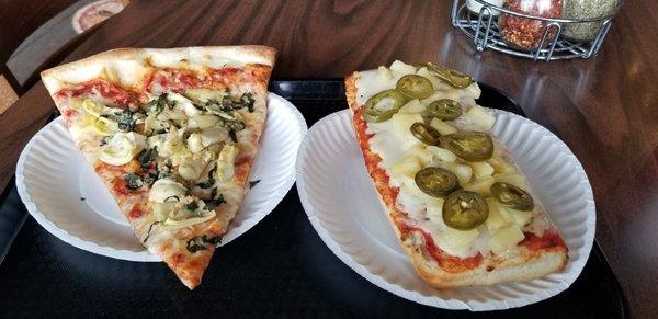 Neapolitan with artichoke, garlic, and fresh basil.  Sicilian with jalapeño and pineapple.