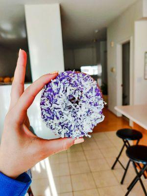 Ube coconut flake donut