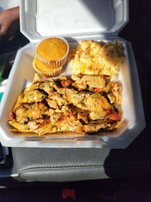 Rasta Pasta with Chicken & Shrimp. Mac N Cheese and Cornbread