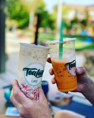 Jasmine Milk tea with Strawberry Jelly, Mango Bites and chia seeds; and, Thai Classic Milk Tea with boba