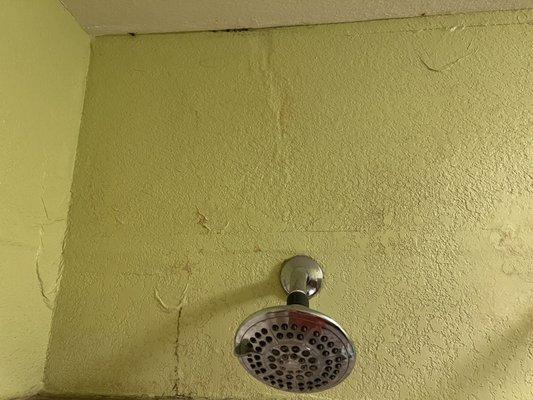 Clear evidence of water damage, including poor patch jobs and stretched paint.