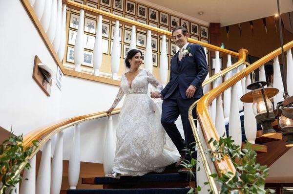 Walking down for room first look
 California Yacht Club
 Wedding
 September 23, 2023
 Photo by Tom Keene
 LAdigitalPhoto