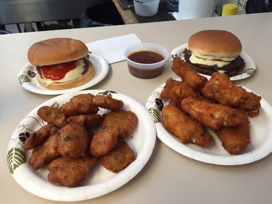 Cheeseburger, double chip cheese, mini potato pancakes and wing zings!